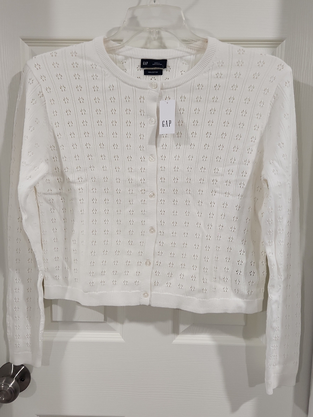 GAP White Pointelle Crop Cardigan Sweater Knit Long Sleeve Crew Neck NWT Small S